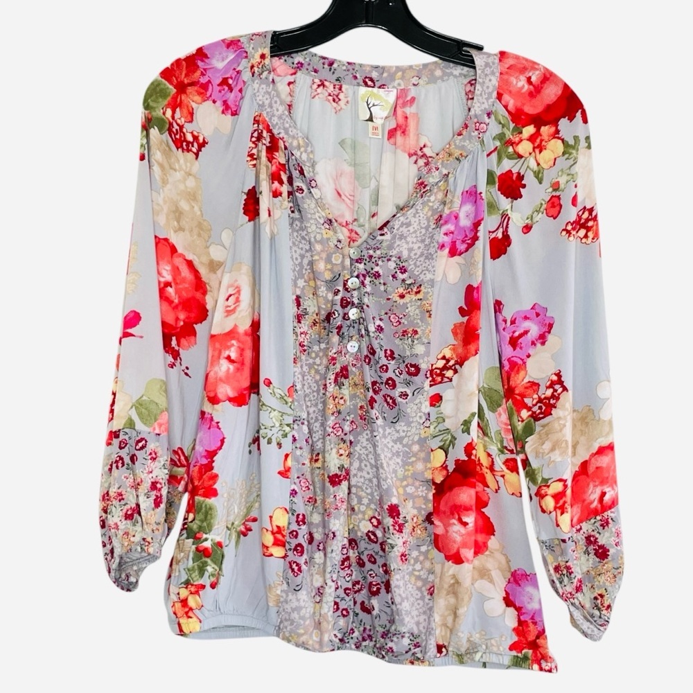 Floral Long-Sleeve Peasant Blouse - Light Blue with Red Floral Print